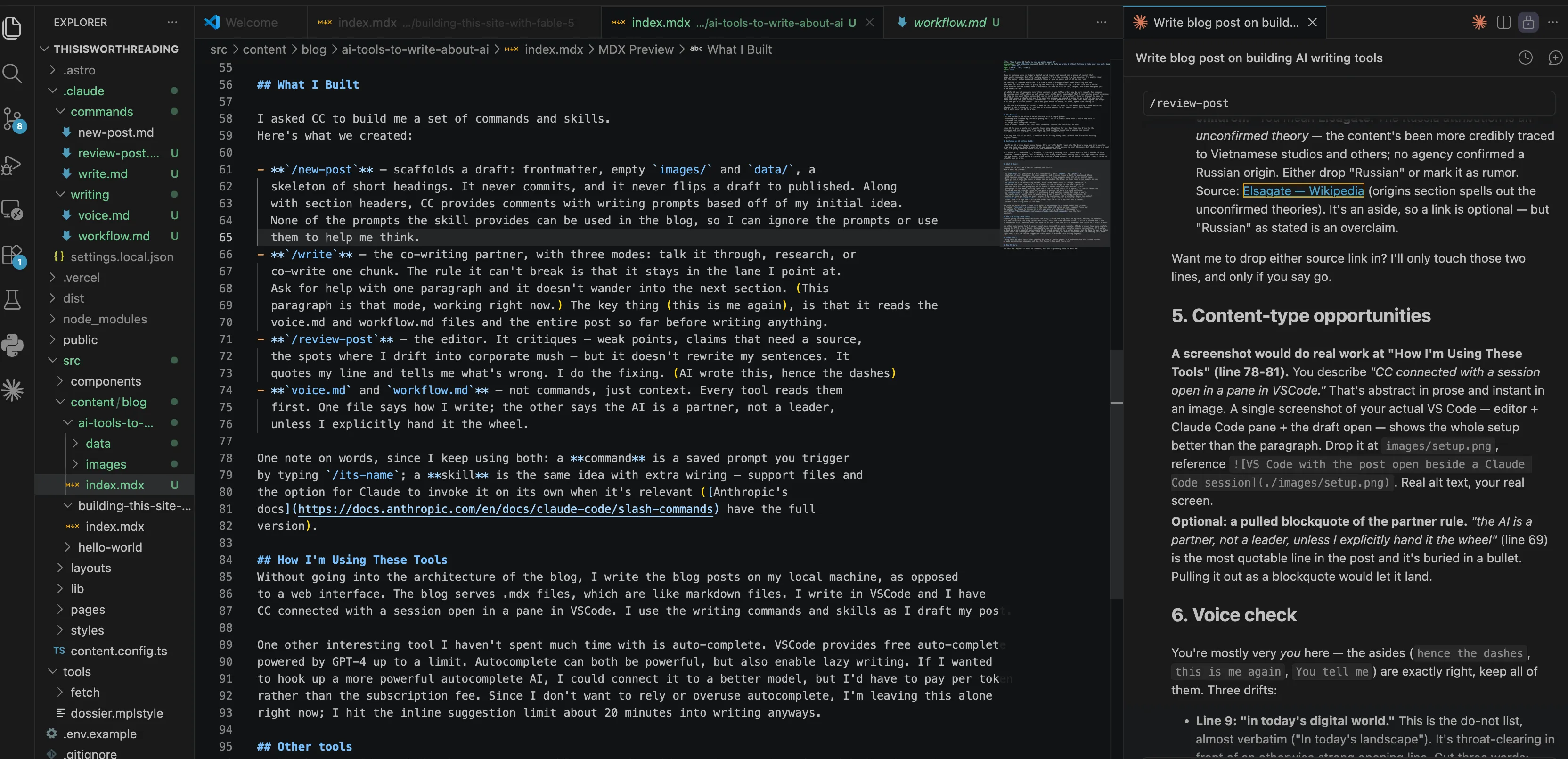 VS Code showing the blog repo file tree, the post's index.mdx open in the editor, and a Claude Code session running the review in a side pane